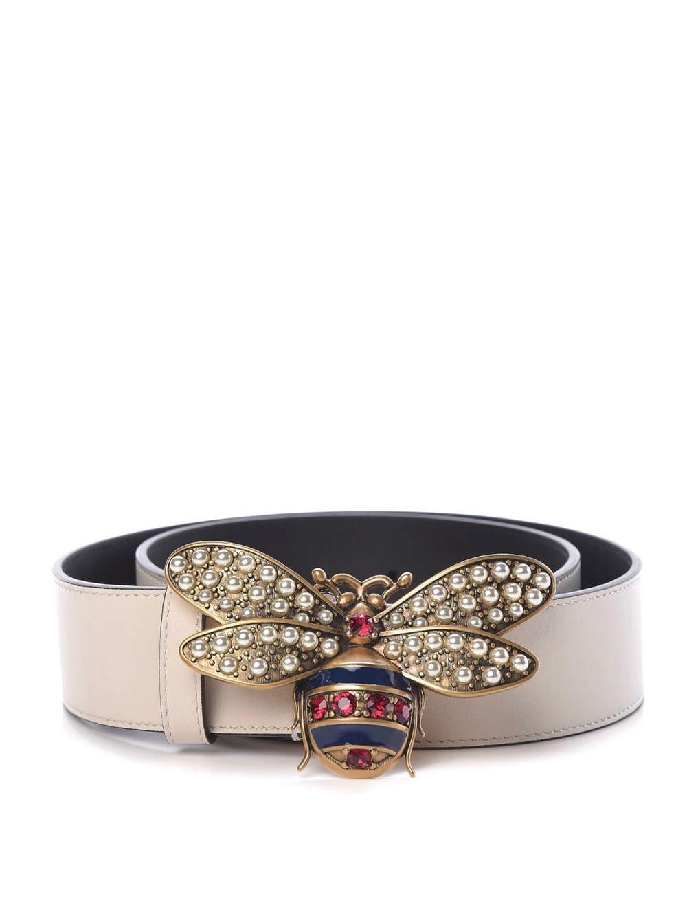 Gucci Pearl & Crystal Bee Buckle Belt in Black and Cream